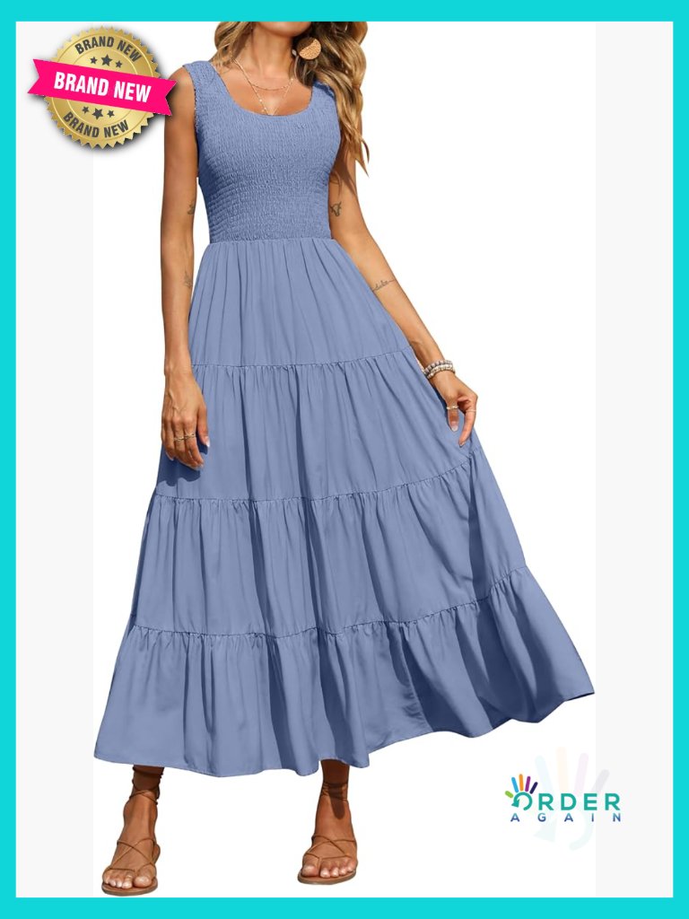 Sleeveless Smocked Tank Maxi Dress Tiered A-Line Beach Summer Casual Flowy